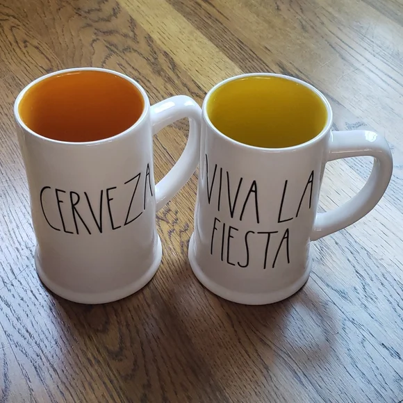 New! Rae Dunn Set Of Two Beer Steins Cerveza And Viva La Fiesta - Picture 2 of 6